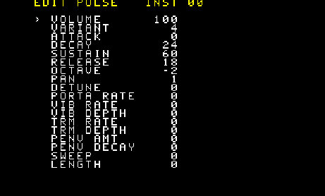 Instrument lab on the top screen - patch parameters with cursor on the focused row