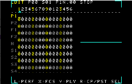 Top screen - tracker view with P1 P2 F1 F2 N S1..S4 voice rows