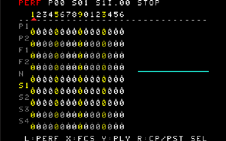 PERFORM mode top screen - PERF mode tag, active glitch FX row showing which loops/halftime are firing