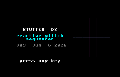 Boot splash top screen - STUTTER DS title, reactive glitch sequencer subtitle, version, animated oscilloscope on the right